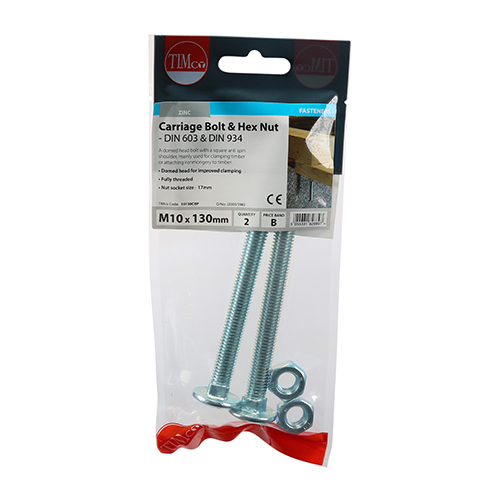 M10 x 130 Carriage Bolt & Hex Nut - BZP