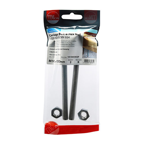 M10 x 130 Carriage Bolt & Hex Nut -A2 SS