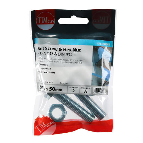 M12 x 50 Set Screw & Hex Nut - BZP