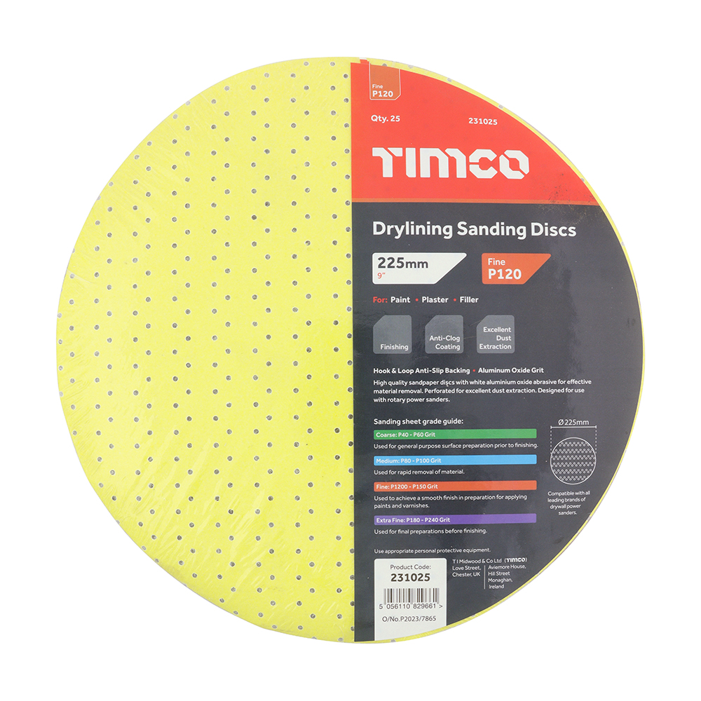 225mm Drylining Sanding Discs - 120 Grit - Yellow