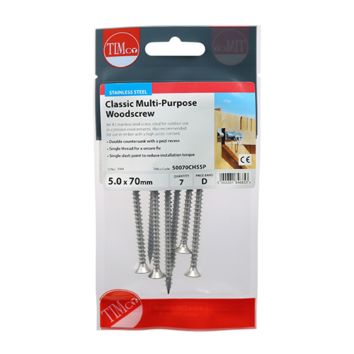 5.0 x 70 Classic Screw PZ2 CSK - A2 S/S