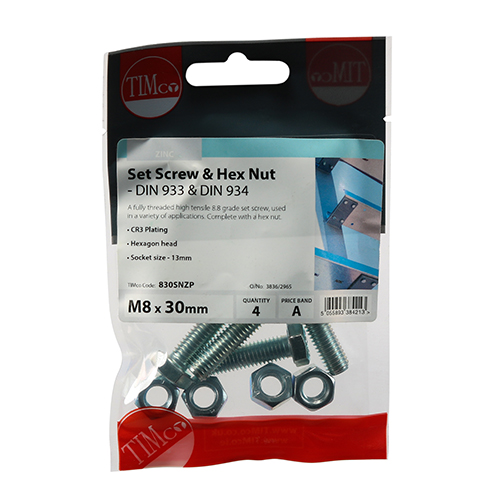 M8 x 30 Set Screw & Hex Nut - BZP