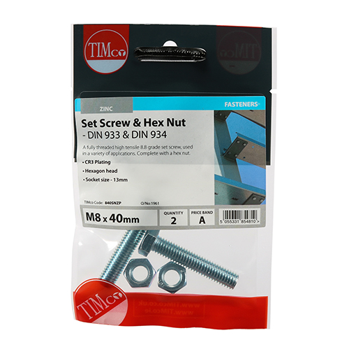 M8 x 40 Set Screw & Hex Nut - BZP