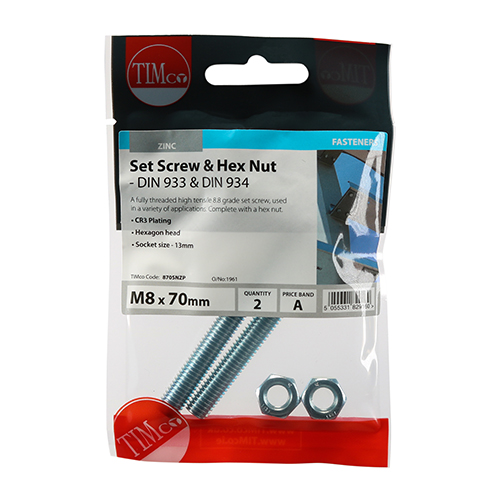 M8 x 70 Set Screw & Hex Nut - BZP