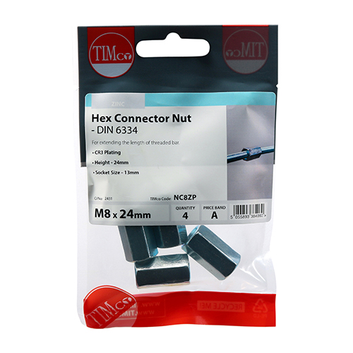 M8 Connector Nut DIN 6334 - BZP