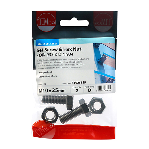 M10 x 25 Set Screw & Hex Nut - A2 SS