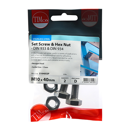 M10 x 40 Set Screw & Hex Nut - A2 SS