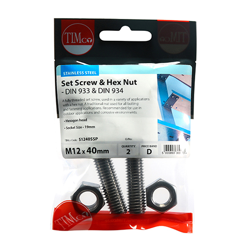 M12 x 40 Set Screw & Hex Nut - A2 SS