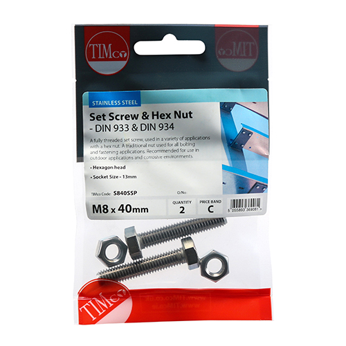 M8 x 40 Set Screw & Hex Nut - A2 SS