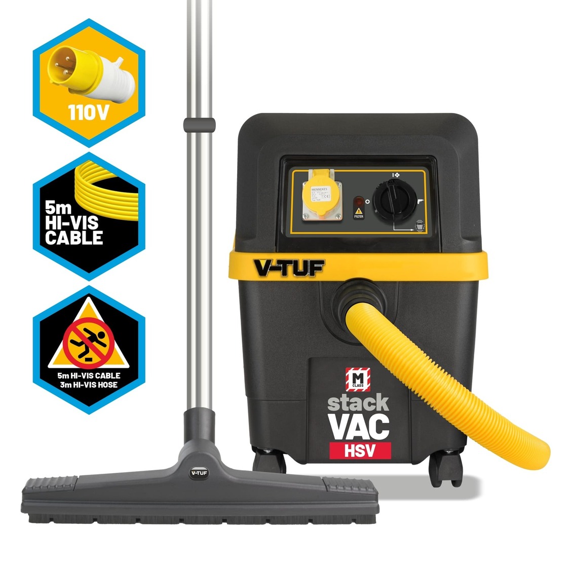 V-TUF STACKVAC HSV 110v 30L M-Class Dust Extractor - with Power Take Off - Health & Safety Version 