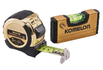 Komelon 5m ( 16ft ) Gold Powerblade Tape with FREE Mini Level Set